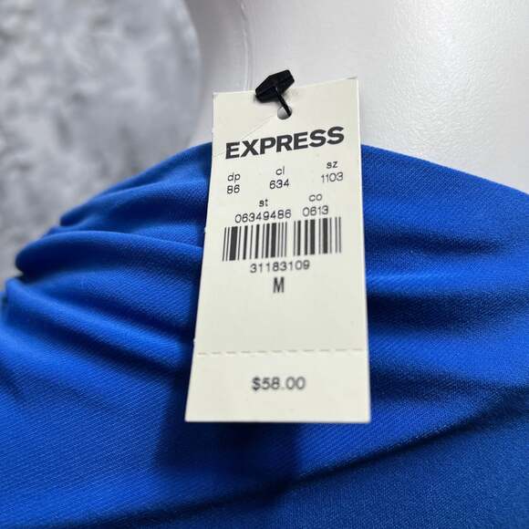 EXPRESS Blue Stretchy Peplum V-Neck Draped Short Sleeves Top - Picture 4 of 6
